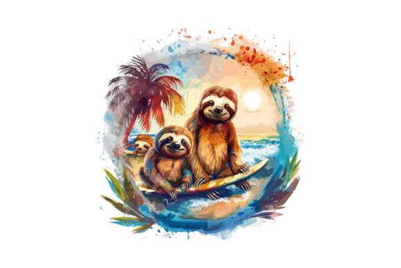 Charming Mom and Baby Sloths with Surfer